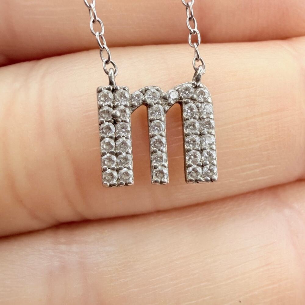Vintage 925 Sterling Silver Initial Letter M Pendant Necklace Cubic Zirconia 18"